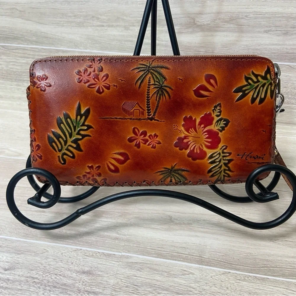 Hawaii Tropical Embossed Leather Wallet Wristlet